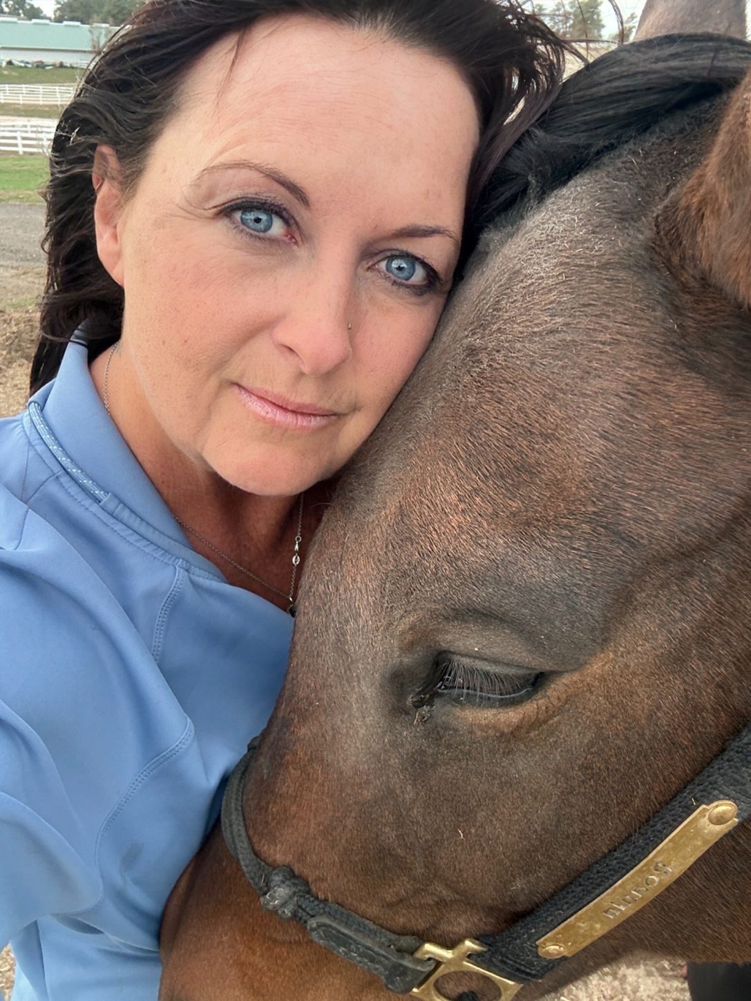 Candice resting against the face of a bay horse