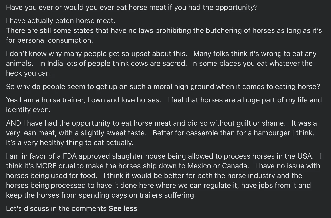 Facebook post arguing that regulated horse processing in the United States would reduce long-distance transport