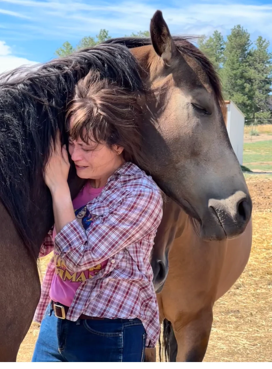 A woman in an emotional moment as a horse wraps his neck around her