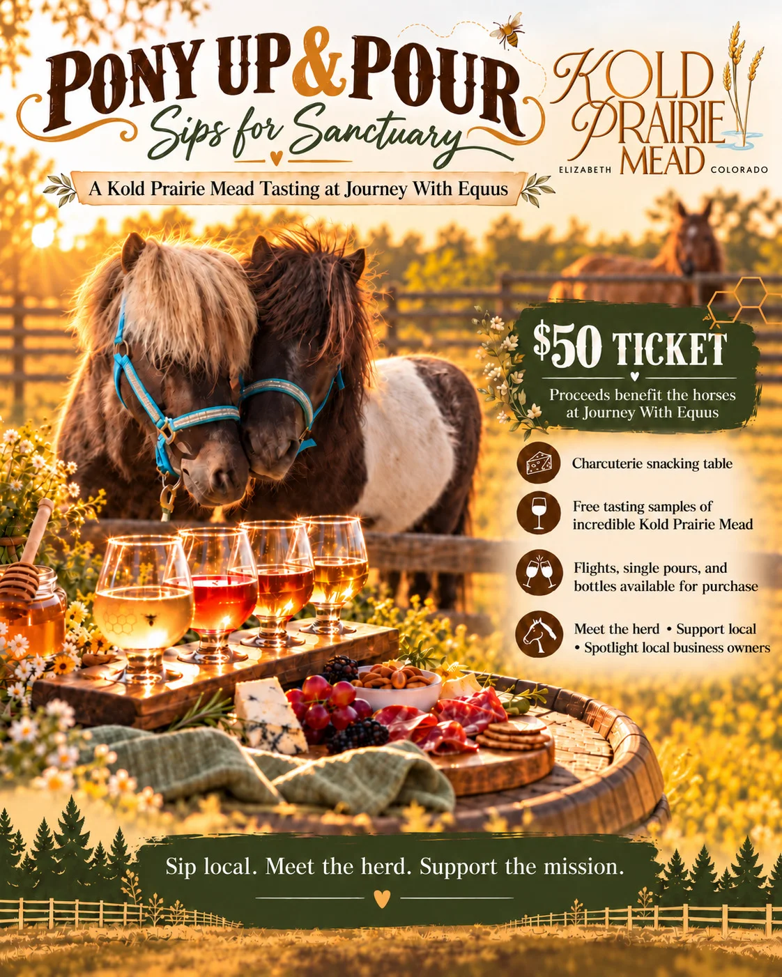 Pony Up and Pour, Sips for Sanctuary — a Kold Prairie Mead tasting at Journey With Equus. Tickets are $50 and proceeds benefit the horses.